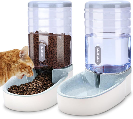 Automatic Pet Feeder and Water Dispenser Set for Small to Medium Dogs and Cats, 1 Gallon Capacity Each (Grey)